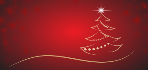 Ein festlicher, mit Ornamenten geschmückter Weihnachtsbaum vor einem leuchtend roten Hintergrund mit weißen Schneeflocken.