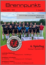 Mannschaftsfoto der FVE C12-Fußballspieler in Trikots, mit hervorgehobenen Veranstaltungsdetails für ihr Spiel am 6. September 2023.