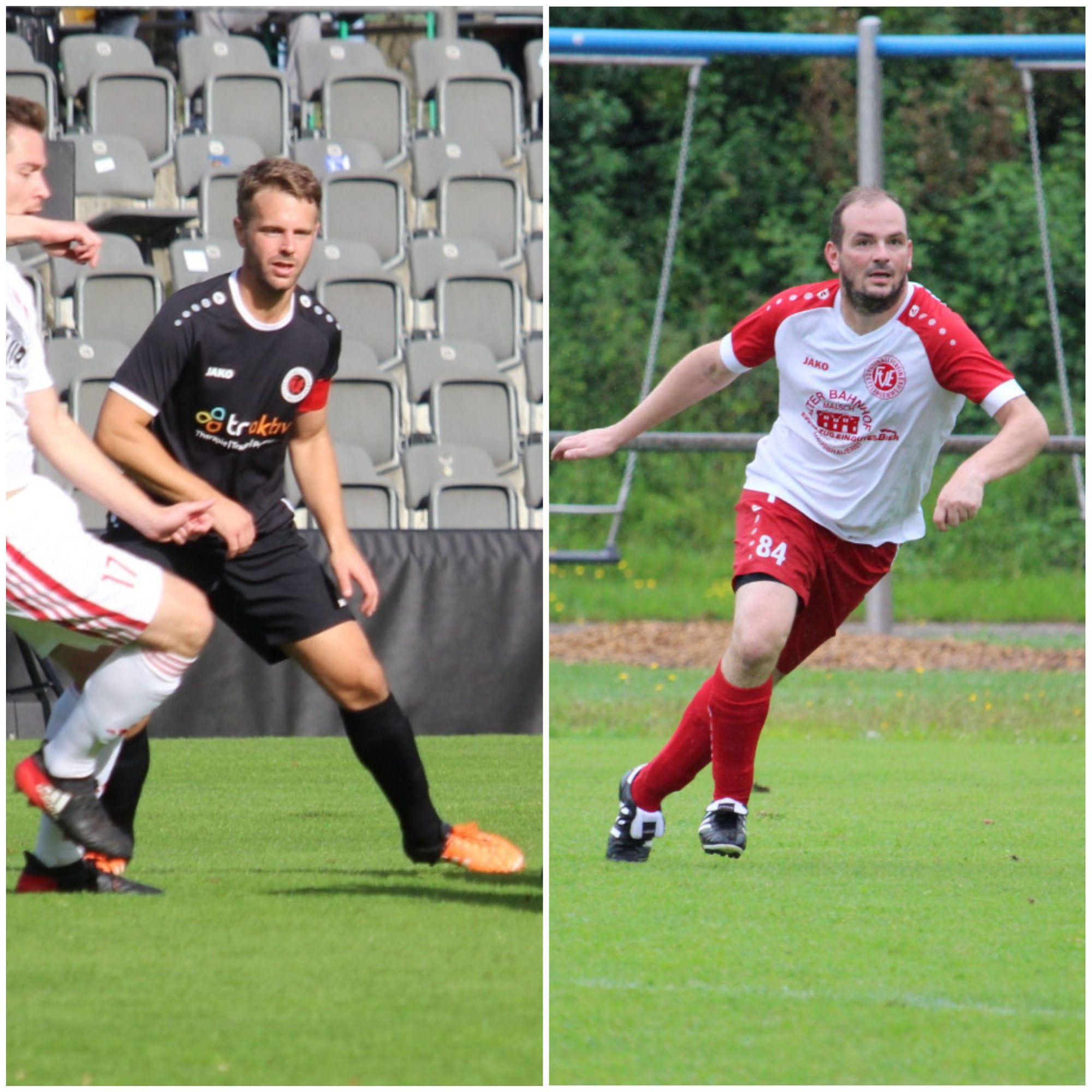 Zwei Fußballspieler in Aktion: der eine in einem schwarzen Trikot mit weißen Akzenten, der andere in rot-weißer Kleidung, die über einen Rasenplatz laufen.