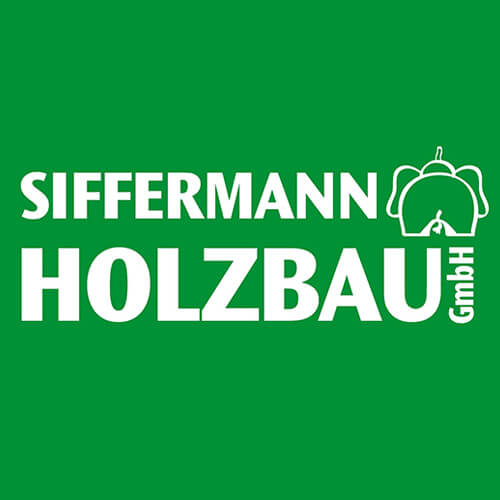 Logo der Siffermann Holzbau GmbH auf leuchtend grünem Hintergrund, mit fetter weißer Schrift und der Abbildung eines Baumstammes.