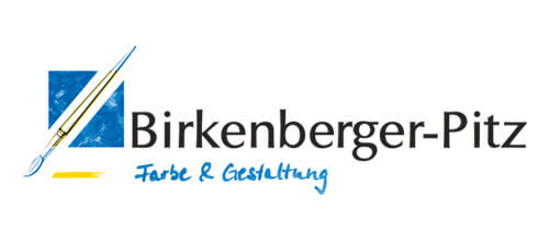 Das Logo von Birkenberger-Pitz zeigt einen Malerpinsel, ein blaues Quadrat und einen Text, der für Farbe und Designdienstleistungen steht.