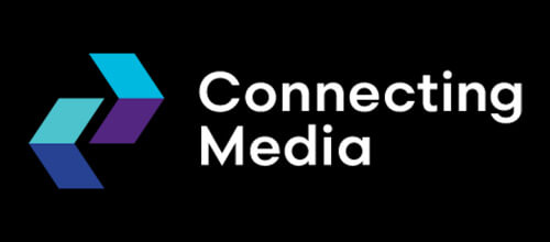 Logo von Connecting Media mit geometrischen Formen in Blau und Lila und moderner Typografie auf schwarzem Hintergrund.