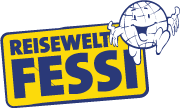 Das Logo der Reisewelt Fessi“ zeigt eine Cartoon-Weltkugel mit einem fröhlichen Gesichtsausdruck und den Markennamen in fetten gelben Buchstaben.