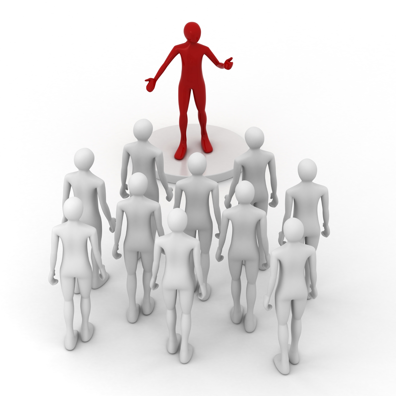Eine rote Figur steht auf einem Podest und gestikuliert, während sie von einer Gruppe grauer Figuren umgeben ist, die Führung und Kommunikation symbolisieren.