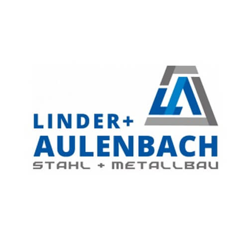 Logo von Linder + Aulenbach, einem auf Stahl- und Metallbau spezialisierten Unternehmen, mit blauem und grauem Text und einer Dreiecksgrafik.