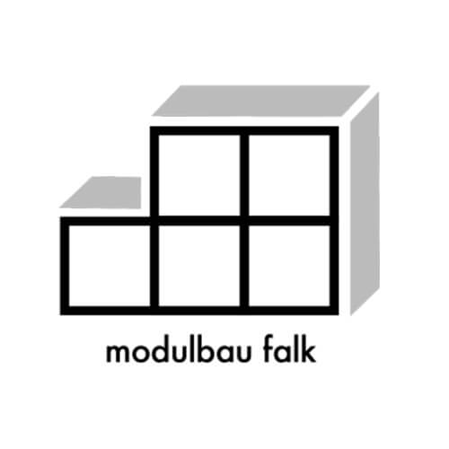 Logo für Modulbau Falk mit stilisiertem Baukastendesign und darunter liegendem Firmennamen in moderner Schrift.