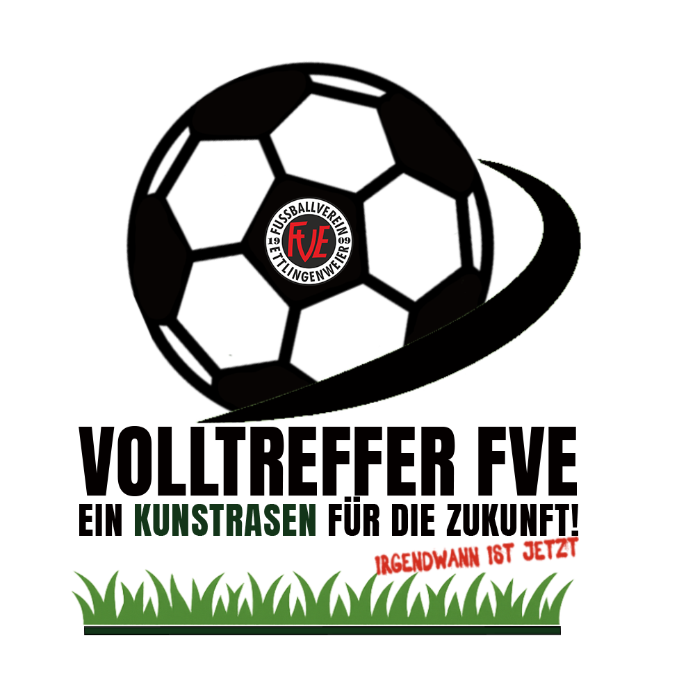 Fußball mit FVE-Logo und Halbkreis "Volltreffer für den FVE"