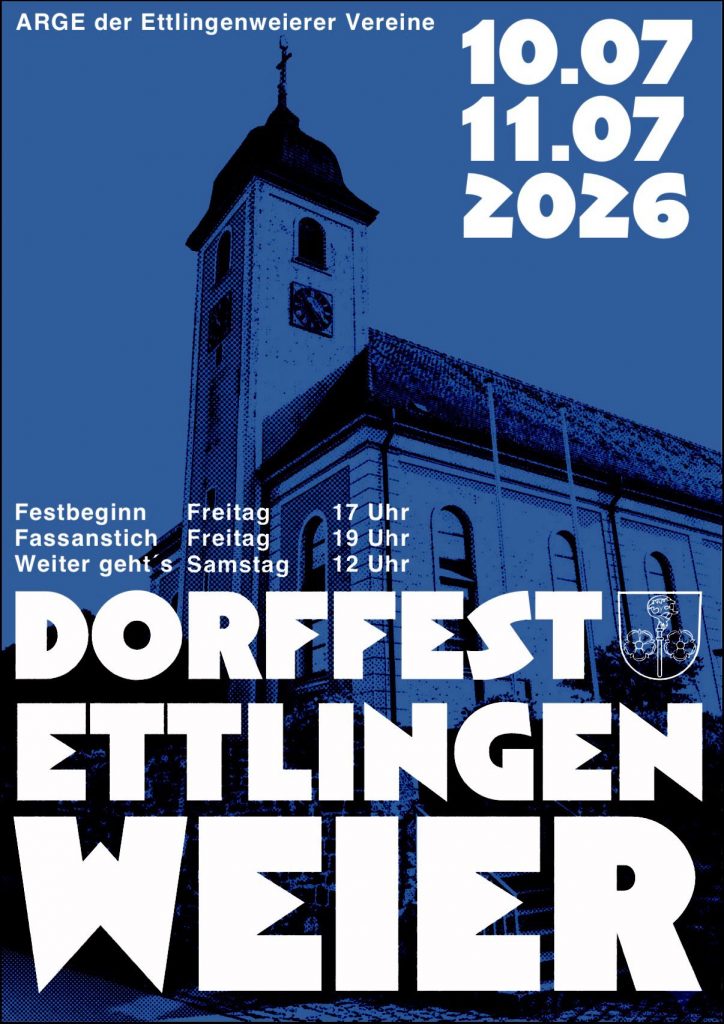 Flyer für das diesjährige Dorffest in blau mit der Kirche im Hintergrund